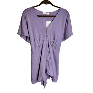 Heatherly Women’s 2X Purple Button-Down Top Tie Back Short Flutter Sleeves Mauve